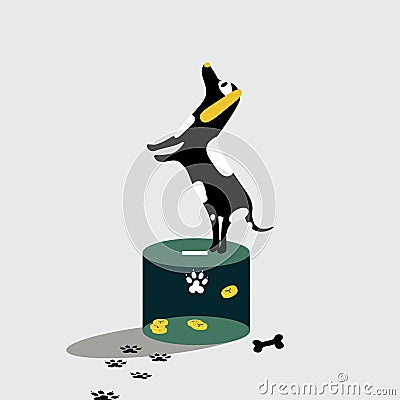 Dog standing on the donation box Vector Illustration