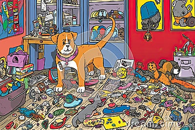 a dog in a room filled with lots of toys. Generative Ai Stock Photo