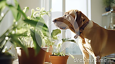 A dog stands next to houseplants Stock Photo