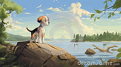 Dreamy Beagle Puppy: Nostalgic Children's Book Illustration Stock Photo