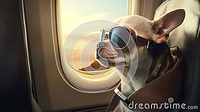 Dog in sunglasses sitting in airplane and traveling on vacation, generative ai Stock Photo