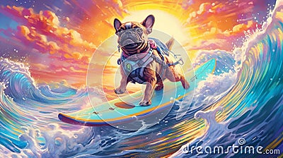 puppy dog vacation surfer ocean funny beach summer wave animal. Generative AI. Stock Photo