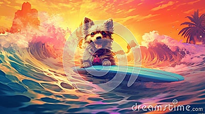 dog surfer ocean vacation animal funny summer beach wave puppy. Generative AI. Stock Photo