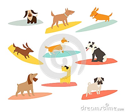 Dog surfers set, vector cartoon illustrations Vector Illustration