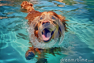 puppy dog funny underwater swimming vacation snorkeling water fun pool. Generative AI. Stock Photo