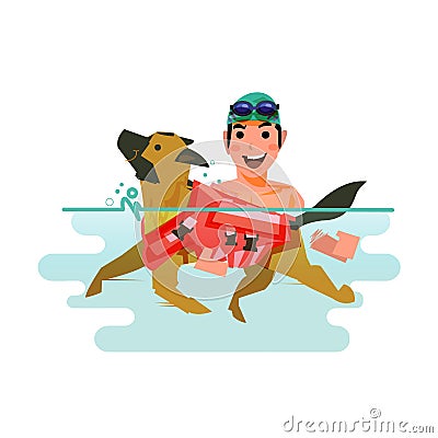 Dog swimming with owner. pet learn to swim concept - Cartoon Illustration