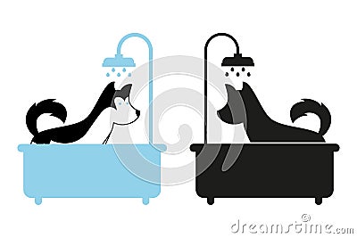 Dog taking a shower in the bath. Vector Illustration