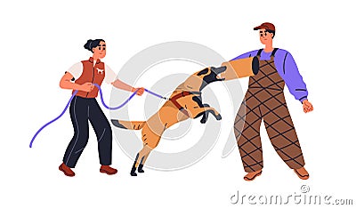 Dog trainer teaching Belgian shepherd doggy. Professional canine specialist, cynologist training agility, giving fass Vector Illustration