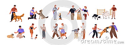 Dog trainers set. Pet owners, sitters training obedience, teaching commands with canine animals, playing with agile Cartoon Illustration