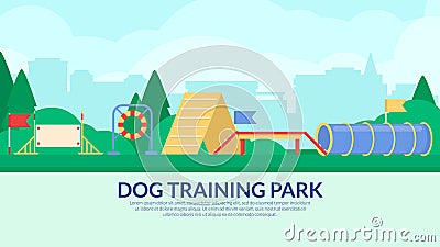 Dog training park. Banner with agility sport equipment. Vector flat. Vector Illustration