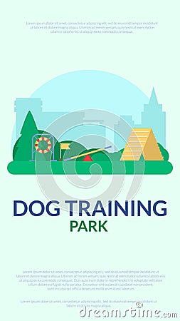 Dog training park. Banner with agility sport equipment. Vector flat. Vector Illustration