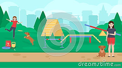 Dog training park with sport equipment. A womens plaing frisbee with dog . Cynology. Command sit. Flat vector Vector Illustration