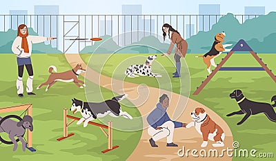 Dog training process. Owners walk their pets on dog playground with simulators, games with animals, outdoor activities Vector Illustration