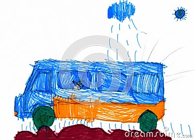 Dog travel on auto. childs drawing. Stock Photo