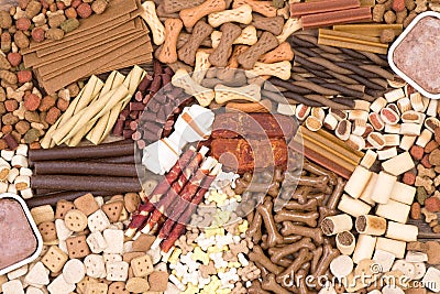 Dog treats, kibble and other food, top view Stock Photo