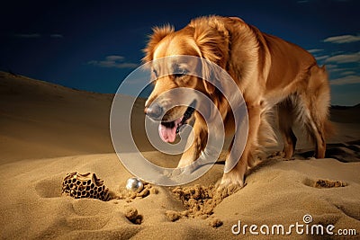 dog uncovering buried treasure in sand Stock Photo