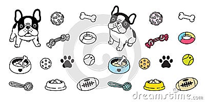 Dog vector french bulldog icon paw bone food bowl ball toy footprint cartoon character illustration doodle Vector Illustration