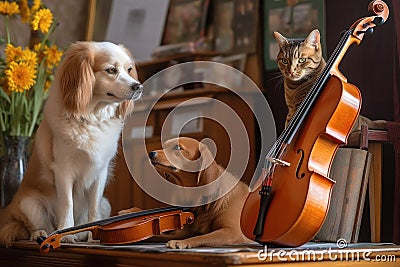 a dog on the viola, while a cat plays the flute in an orchestra of animal musicians Stock Photo