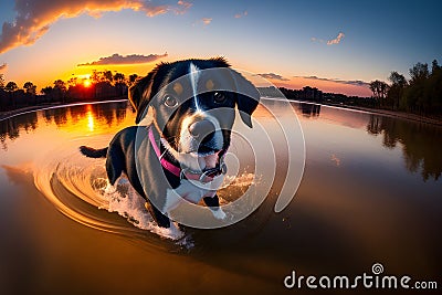 A dog wading in water approaches the optics with interest. Stock Photo
