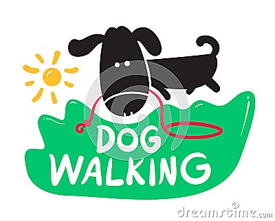 Dog Walking Creative Banner, Pet Service Concept. Black Puppy Carry Lush in Mouth on Green Field and Typography Vector Illustration