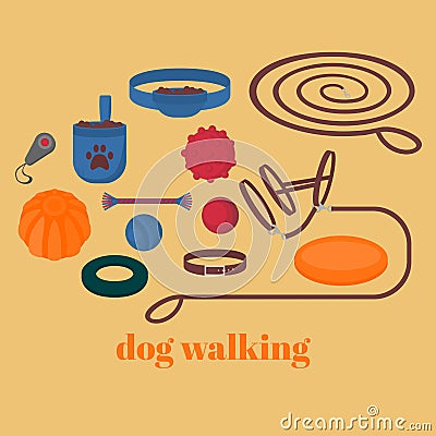 Dog walking elements. Flat isolated set, pet walk items. Doggy training icons collar, leash and headstall. Play objects ball, like Stock Photo
