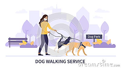 Dog Walking Service during the Covid-19 pandemic Vector Illustration