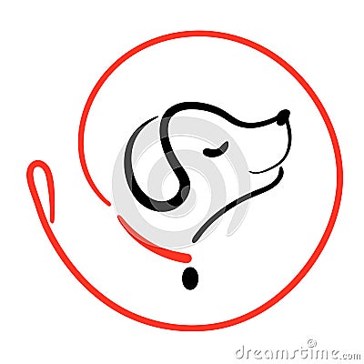 Dog walking service logo in line style on round from leash. Happy puppy training icon. Walk pet symbol in black red Vector Illustration