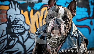 a dog wearing a leather jacket and chain collar standing in front of a graffiti covered wall Stock Photo