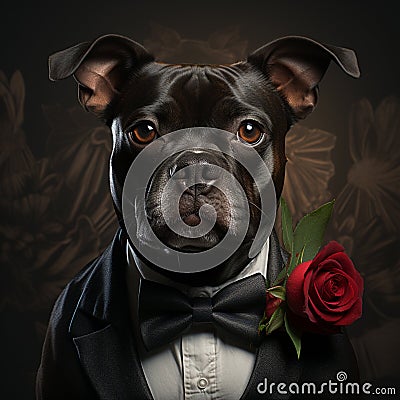 dog wearing tuxedo an red rose. cute fluffy in a bow tie on dark background. generative ai Stock Photo