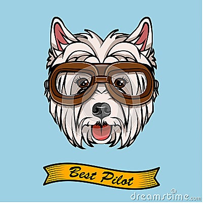 Dog West Highland White Terrier in pilot glasses. Vector. Vector Illustration