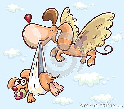 Dog with wings brings a child puppy Vector Illustration