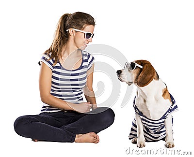 Dog and woman in studio Stock Photo