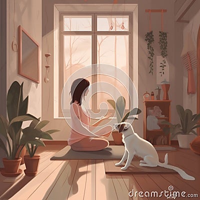 asana dog woman lifestyle sport cartoon home yoga training body fitness. Generative AI. Stock Photo