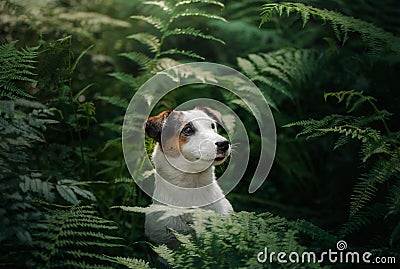 The dog in the woods. Jack Russell Terrier in the fern. little pet in nature. Stock Photo