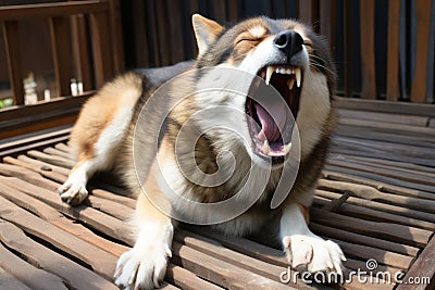 a dog yawns while sitting on a wooden bench Stock Photo