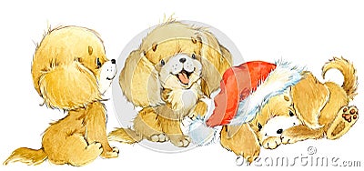 Dog year greeting card. cute cartoon puppy watercolor illustration. Cartoon Illustration