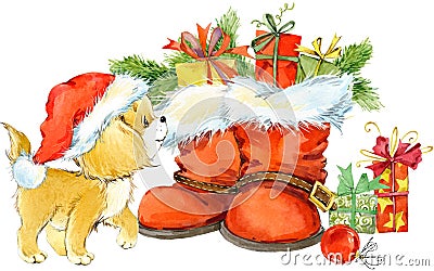 Dog year greeting card. cute cartoon puppy watercolor illustration. Cartoon Illustration
