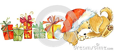 Dog year greeting card. cute cartoon puppy watercolor illustration. Cartoon Illustration