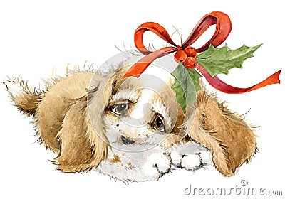 Dog year greeting card. cute puppy watercolor illustration. Cartoon Illustration