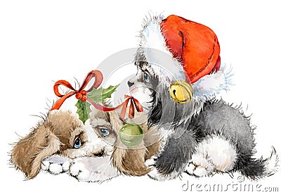 Dog year greeting card. cute puppy watercolor illustration. Cartoon Illustration