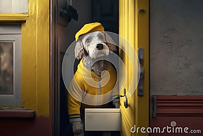 A dog in a yellow postman uniform delivers a package, created with Generative AI technology Stock Photo