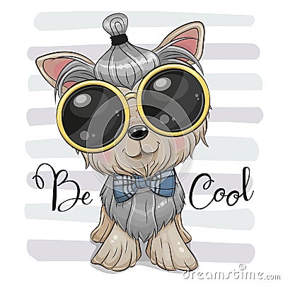 Dog Yorkshire Terrier with a bowtie and glasses Vector Illustration