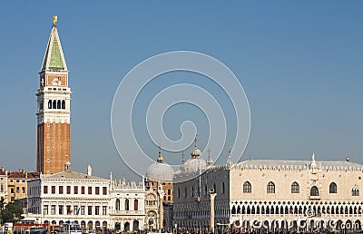 VENICE, ITALY - FEBRAURY 14, 2020: Doge's palace, Library and St. Marco cathedral and tower, coloumns of St. Marco Editorial Stock Photo