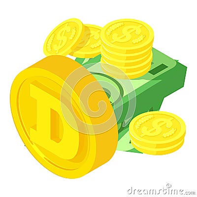 Dogecoin cryptocurrency icon isometric vector. Big dogecoin coin near cash money Vector Illustration