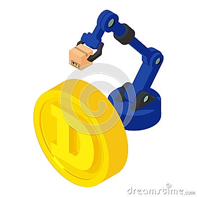 Dogecoin cryptocurrency icon isometric vector. Warehouse manipulator near coin Editorial Stock Photo
