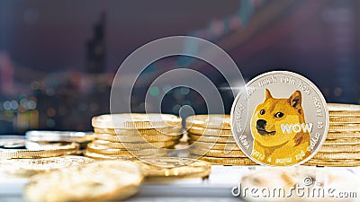Dogecoin, Doge coin cryptocurrency, digital crypto currency tokens for defi decentralized financial mobile banking p2p Editorial Stock Photo