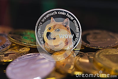 Dogecoin DOGE group included with all crypto currency coin bitcoin, Ethereum ETH, Binance Coin symbol Virtual blockchain Editorial Stock Photo