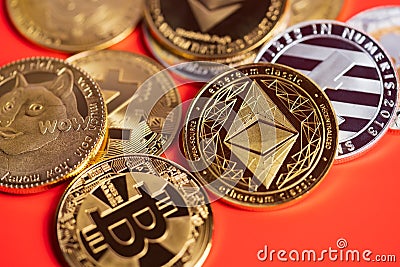 Dogecoin DOGE group included with Cryptocurrency coin bitcoin, Ethereum ETH, Bitcoin Cash bch, Ethereum Classic ETC symbol Virtual Editorial Stock Photo