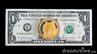 Dogecoin on one dollar banknote Editorial Stock Photo