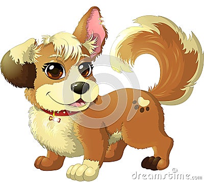 Doggy with big eyes and ears, with gold earings and red collar Vector Illustration